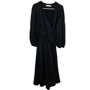 Zimmermann Linen Cotton Long Puff Sleeve Wrap Midi Dress Black Size 1 (US 6)